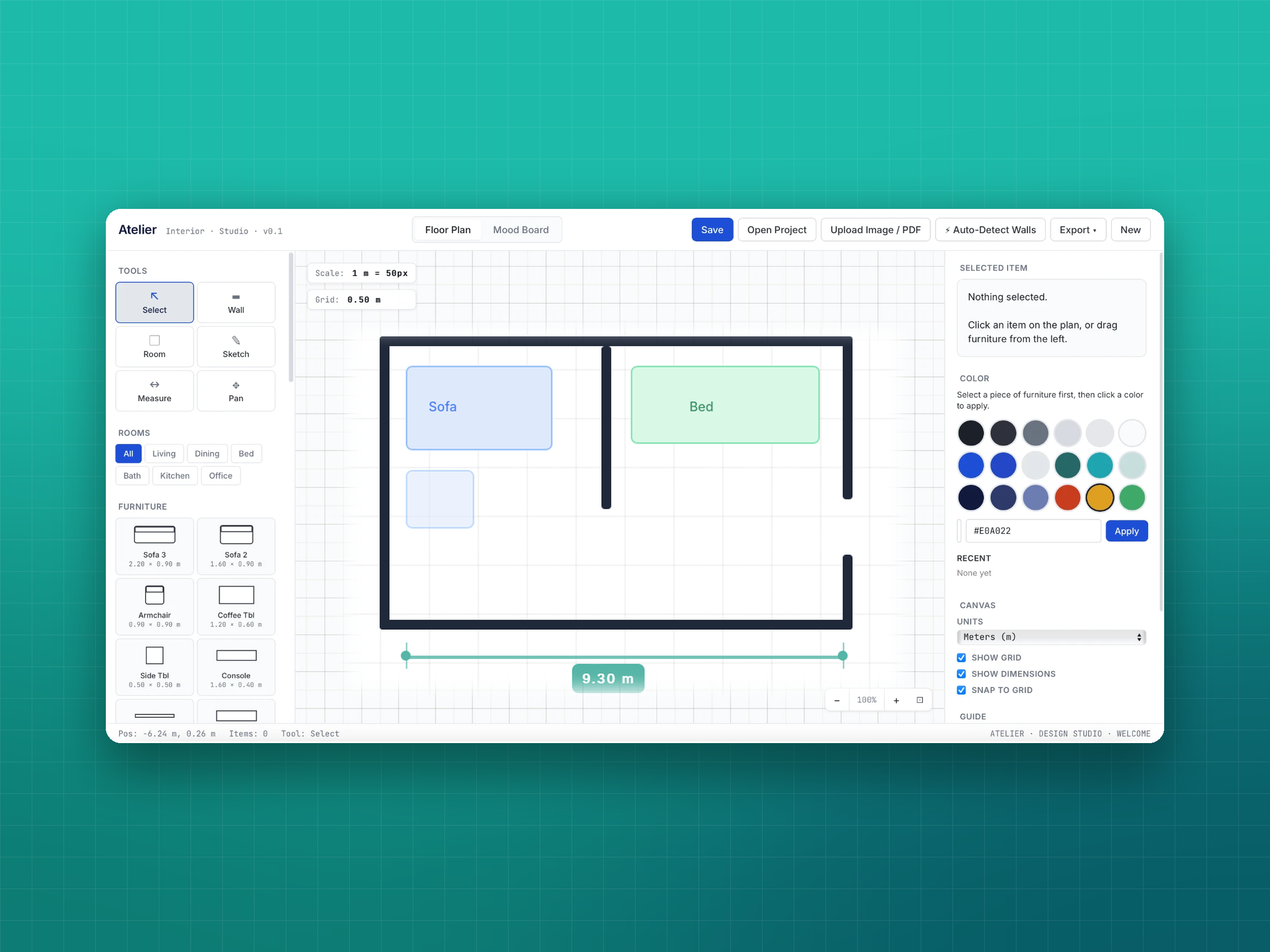 Atelier floor plan tool showing a furnished layout on a teal background