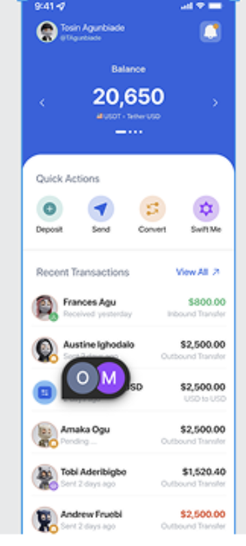 Swiftwad mobile home screen showing balance, quick actions, and recent transactions